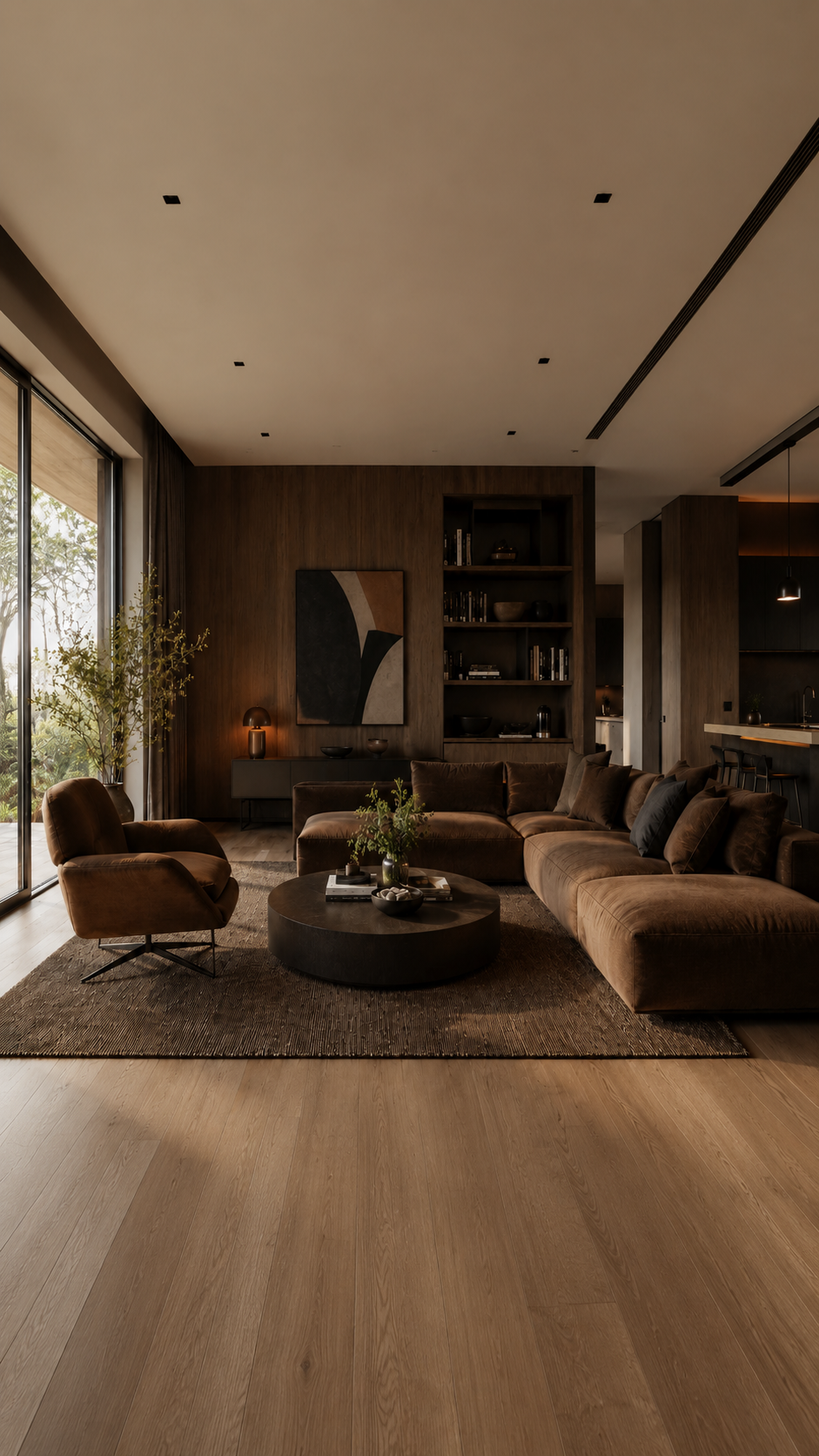 Luxurious warm tone living space with tan leather sectional, arched mirror, and decor
